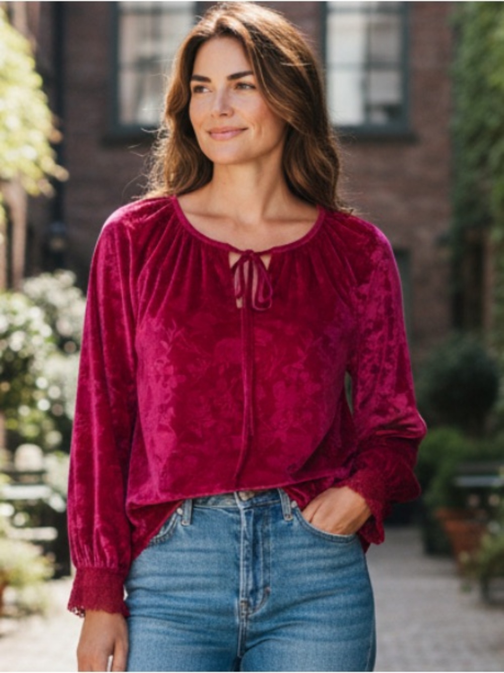 The Pioneer Woman Fuchsia Velvet Floral Tie-Neck Tunic